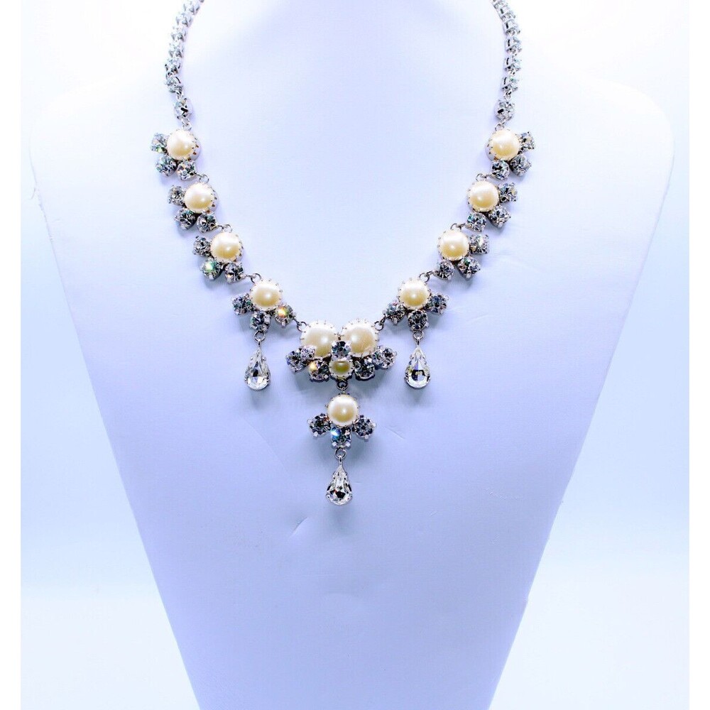 "Ann Taylor" Rhinestone Faux Pearl Necklace Statement Runway Silver-Tone FREE Sh